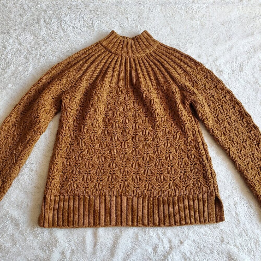 Madewell Pointelle Stitch Dark Tan Brown Mock Neck Wool Knit Sweater Women Small